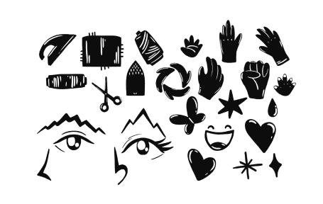Brand Elements Diversos íconos en negro, incluyendo ojos, manos, estrellas y símbolos de amor.