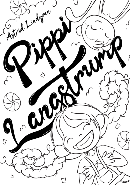 Rediseño portada libro "Pippi langstrump" con ilustración lineal de Pippi sonriendo, mezclando figuras con tipografía de manera creativa
