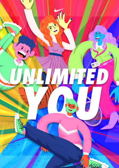 Cuatro personas coloridas animadas mostrando energía y diversidad con el texto "UNLIMITED YOU". Cartel Nike.