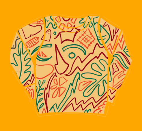 Sudadera de color mostaza con un diseño abstracto en tonos rojo y verde.