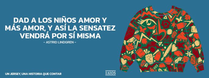 Suéter colorido con motivos diversos, abstractos y naturales. Texto sobre dar amor a los niños. Campaña publicitaria, diseño grafico.