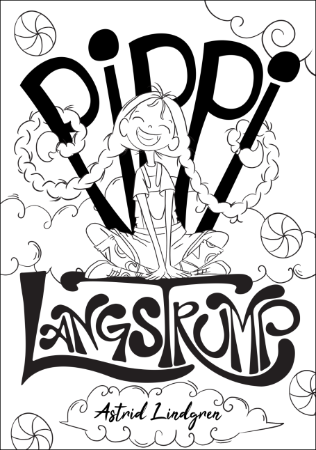 Rediseño portada libro "Pippi langstrump" con ilustración lineal de Pippi sonriendo, mezclando figuras con tipografía de manera creativa