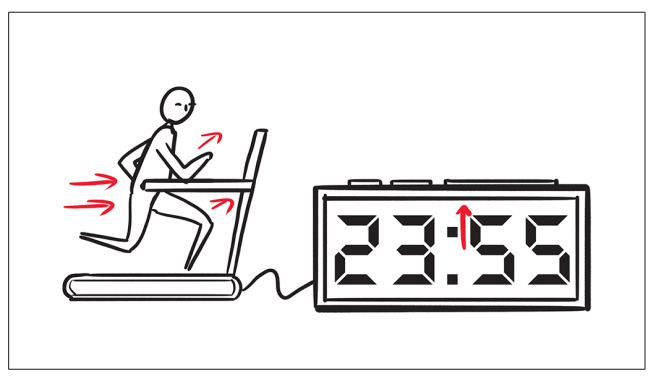 Persona corriendo en una caminadora con un reloj digital que marca 23:55.