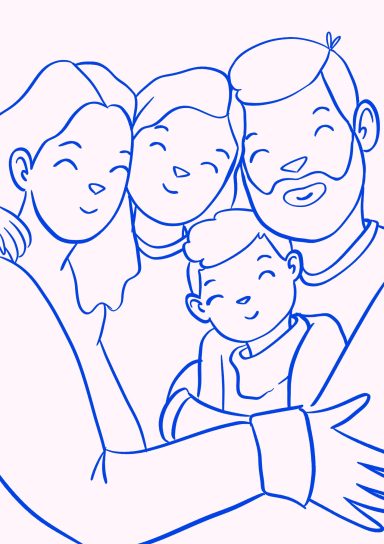 Ilustración lineal de una familia sonriente formada por cuatro miembros, incluyendo un niño en brazos.