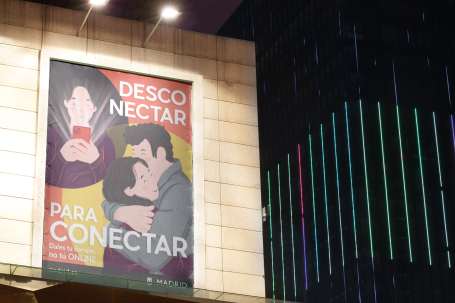 Cartel publicitario que promueve la conexión entre personas con ilustraciones de amor y amistad. Diseño grafico, ilustración