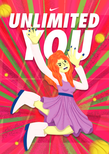 Personaje femenino con cabello rojo y vestido morado, en un fondo vibrante, texto "Unlimited You" y pelotas de baloncesto. Cartel Nike.