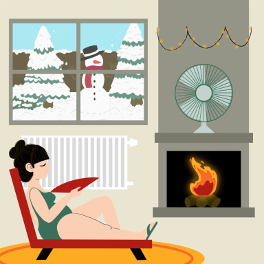 Mujer relajándose en una silla junto a una chimenea en un ambiente invernal.