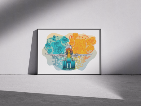 Ilustración artística con figuras abstractas en tonos azul y naranja, centrada en una figura.