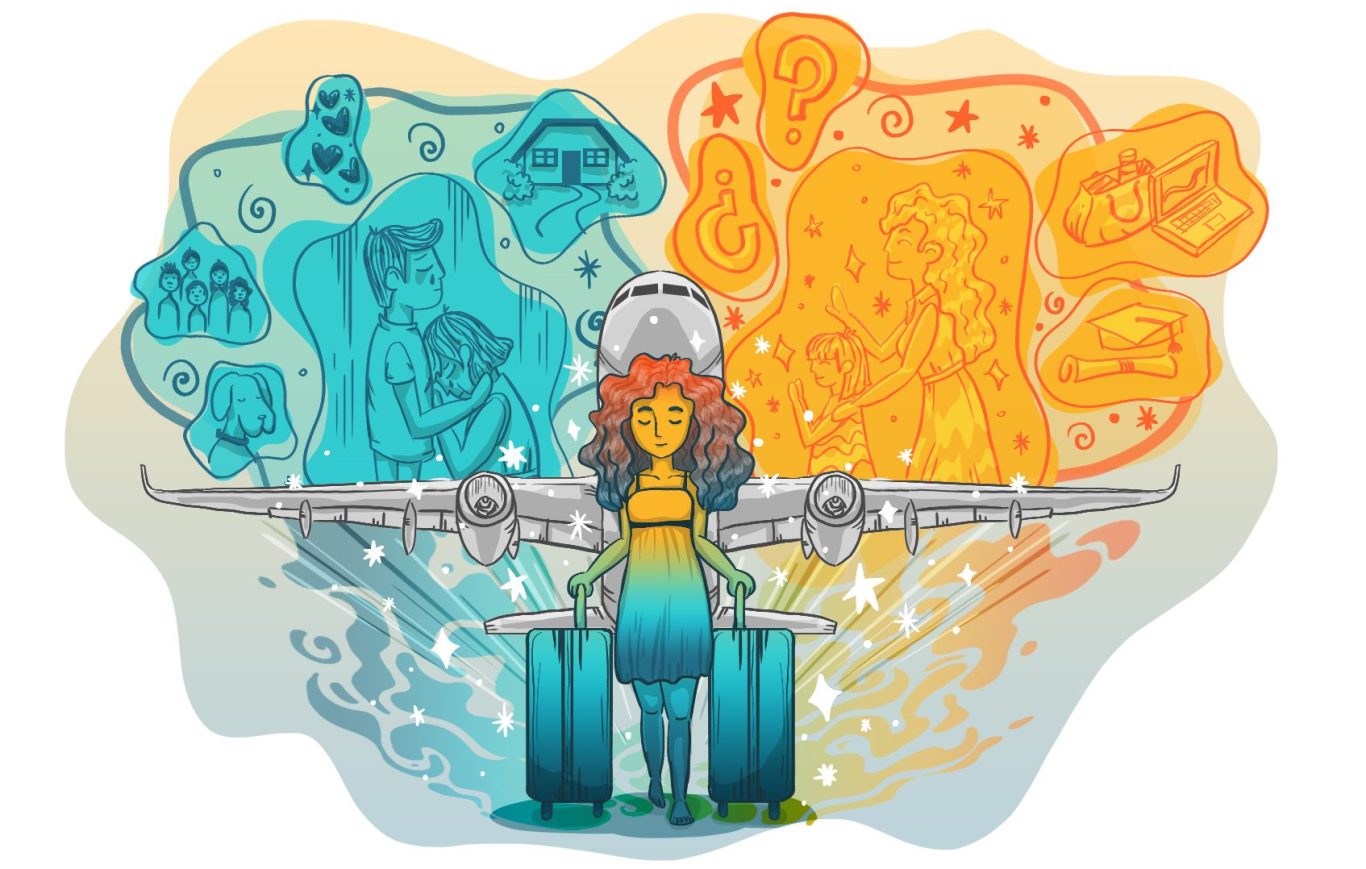 Ilustración de una mujer con maletas frente a un avión, rodeada de iconos de viaje memorias de su vida que representa la dicotomía de migrar