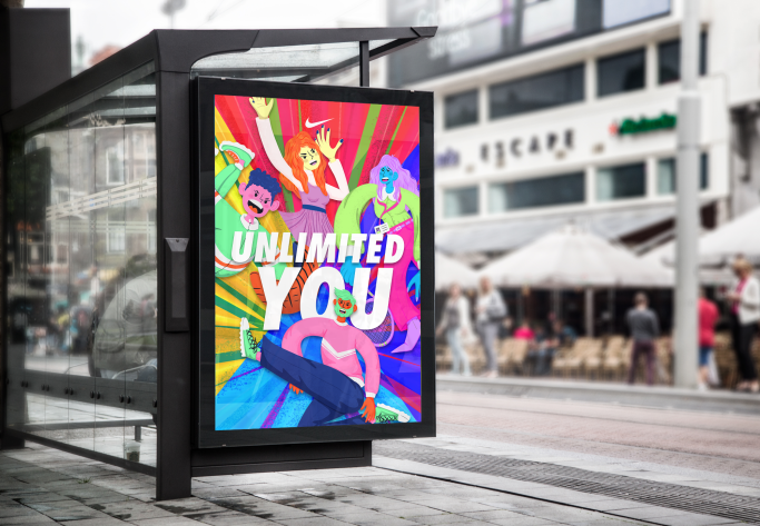 Cartel colorido que dice "UNLIMITED YOU" en una parada de autobús concurrida. Campaña Publicitaria, ilustración, Nike, Diseño grafico, mupi