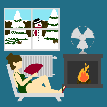 Mujer leyendo en una silla, junto a una chimenea y un paisaje nevado por la ventana. Ilustración. animación