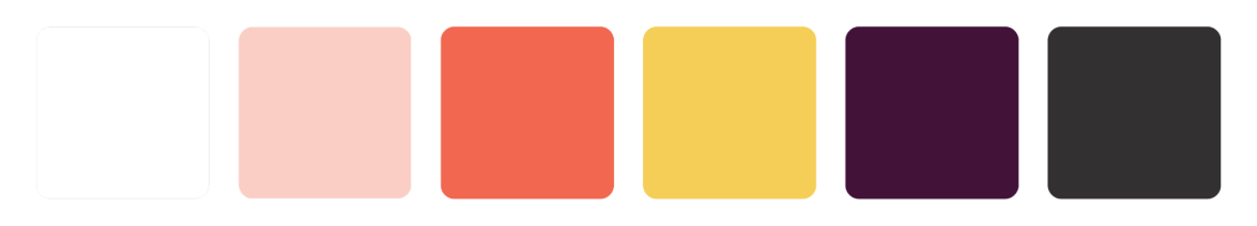 Paleta de colores: blanco, rosa claro, coral, amarillo, púrpura y negro.