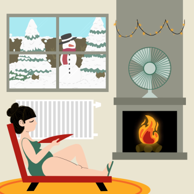 Mujer en bañador relajándose en un sillón frente a una chimenea encendida.