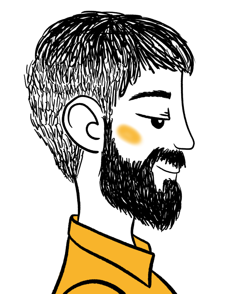 Ilustración del perfil de un hombre con barba y cabello corto, sonriendo, vestido con una camisa amarilla.