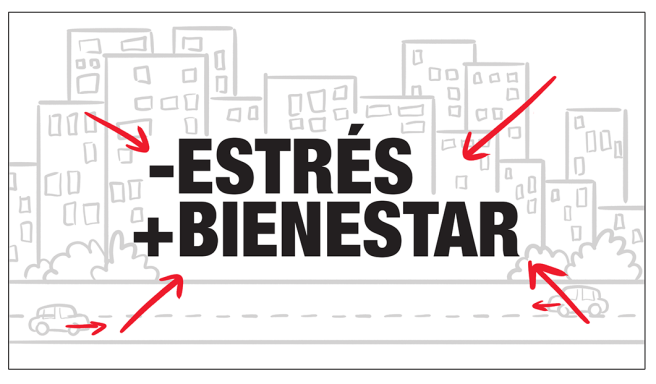 Texto que contrasta "Estrés" y "Bienestar" con un fondo urbano simple.