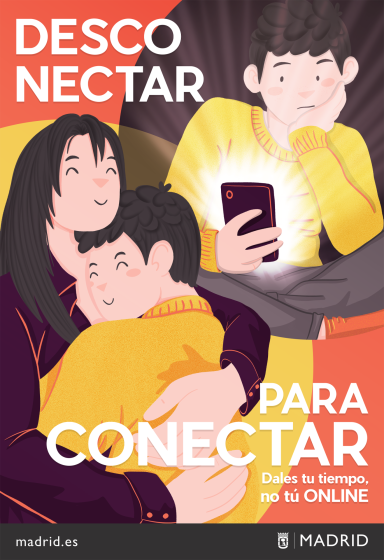 Ilustración de una familia abrazándose mientras un niño observa un teléfono. Campaña publicitaria, diseño grafico