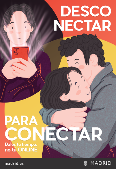 Ilustación de una pareja abrazándose y una mujer con un teléfono móvil en las manos, acompañado de mensaje de conexión. Campaña publicitaria