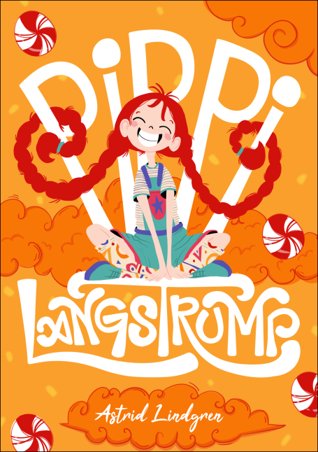 Rediseño portada libro "Pippi langstrump" con ilustración colorida de Pippi sonriendo, mezclando figuras con tipografía de manera creativa