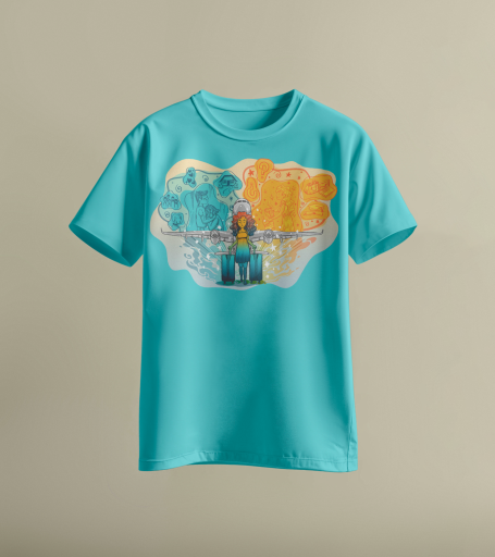 Camiseta azul claro con una ilustración, diseño gráfico colorido en el pecho.