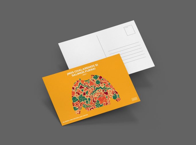 Postal con fondo amarillo y un diseño floral colorido en la parte frontal. Campaña publicitaria, diseño grafico, ilustración.