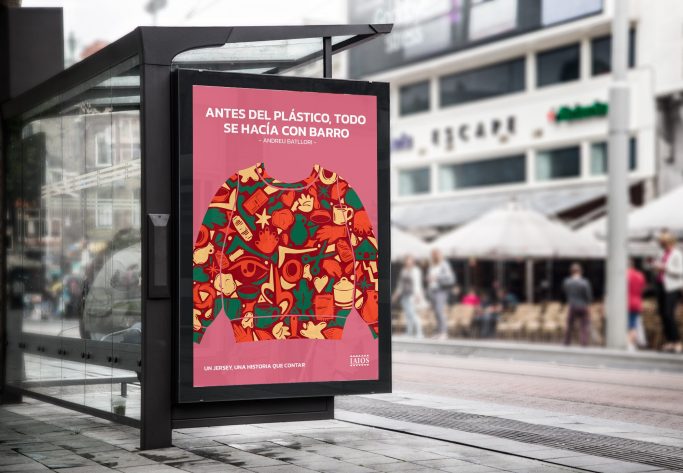 Cartel publicitario colorido con frutas y vegetales sobre fondo rosa en una parada de autobús. Diseño grafico, ilustración