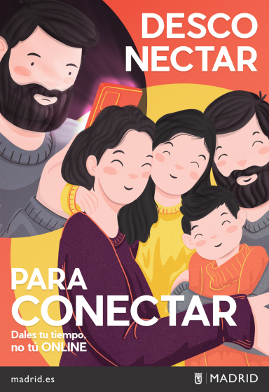 Ilustración de una familia feliz abrazándose con el texto "Desconectar para conectar". Campaña publicitaria, diseño grafico