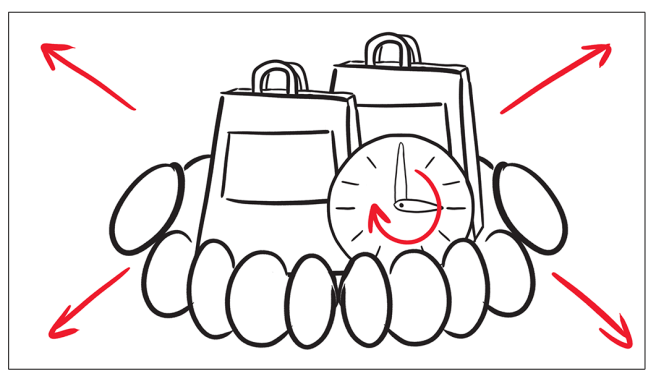 Dos bolsas con un reloj, rodeadas de elementos que apuntan hacia afuera.