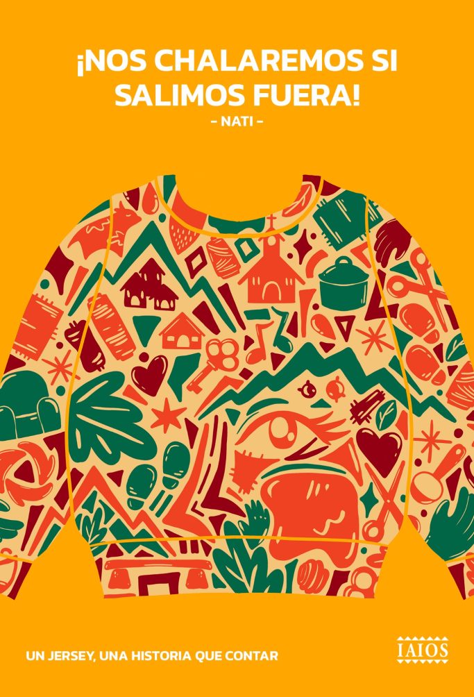 Mupi (Outdoor Display) Suéter colorido con patrones de casas, ojos y elementos abstractos. Campaña publicitaria, diseño grafico, ilustración.