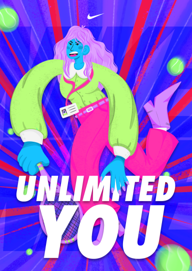 Mujer con cabello largo y rosa, vestida de verde y rosa, rodeada de pelotas de tenis y texto "Unlimited yoy". Cartel Nike.