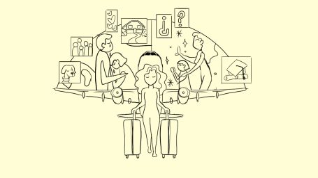 Ilustración lineal de una persona en el centro rodeada de ilustraciones sobre diferentes situaciones y actividades.