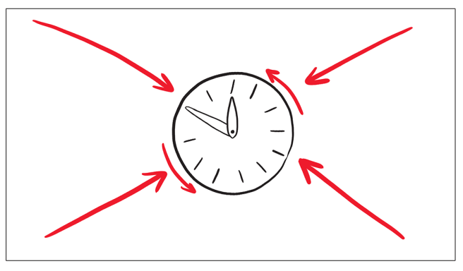 Reloj con flechas rojas que indican un movimiento circular.