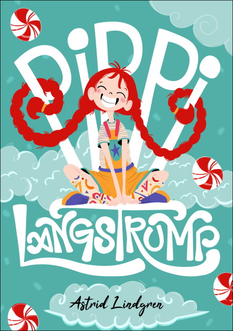 Rediseño portada libro "Pippi langstrump" con ilustración colorida de Pippi sonriendo, mezclando figuras con tipografía de manera creativa