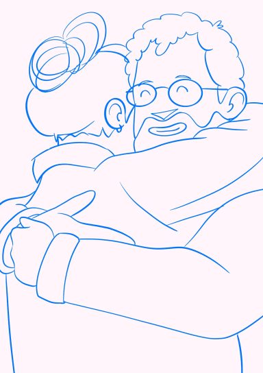 Ilustración lineal de dos personas abrazadas con sonrisas, esbozando cercanía y alegría.