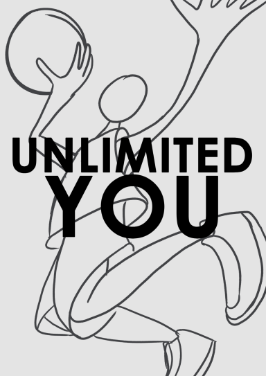 Dibujo de una figura saltando con una pelota, con el texto "UNLIMITED YOU".