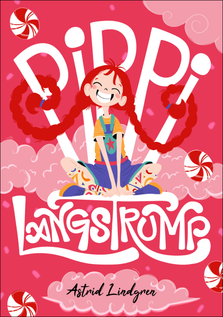 Rediseño portada libro "Pippi langstrump" con ilustración colorida de Pippi sonriendo, mezclando figuras con tipografía de manera creativa