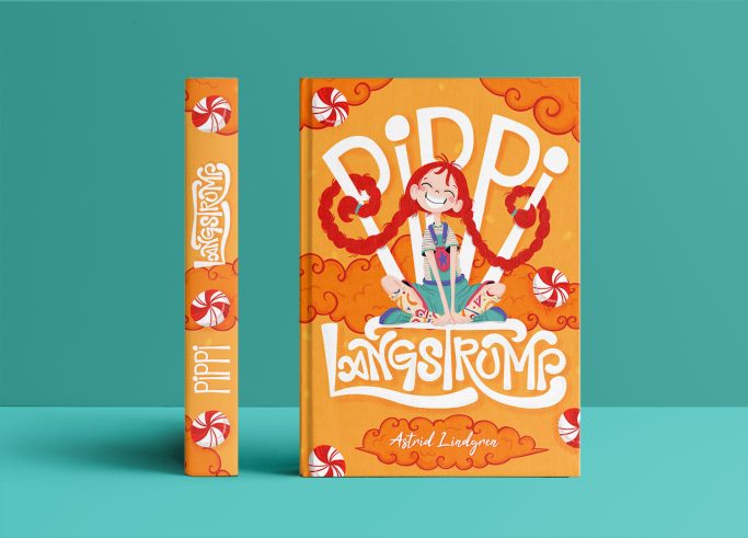 Rediseño portada libro "Pippi langstrump" con ilustración lineal de Pippi sonriendo, mezclando figuras con tipografía de manera creativa