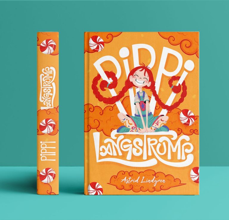 Rediseño de la portada del icónico y querido libro “Pippi Langstrump”. Diseño editorial, ilustración, Tipografía