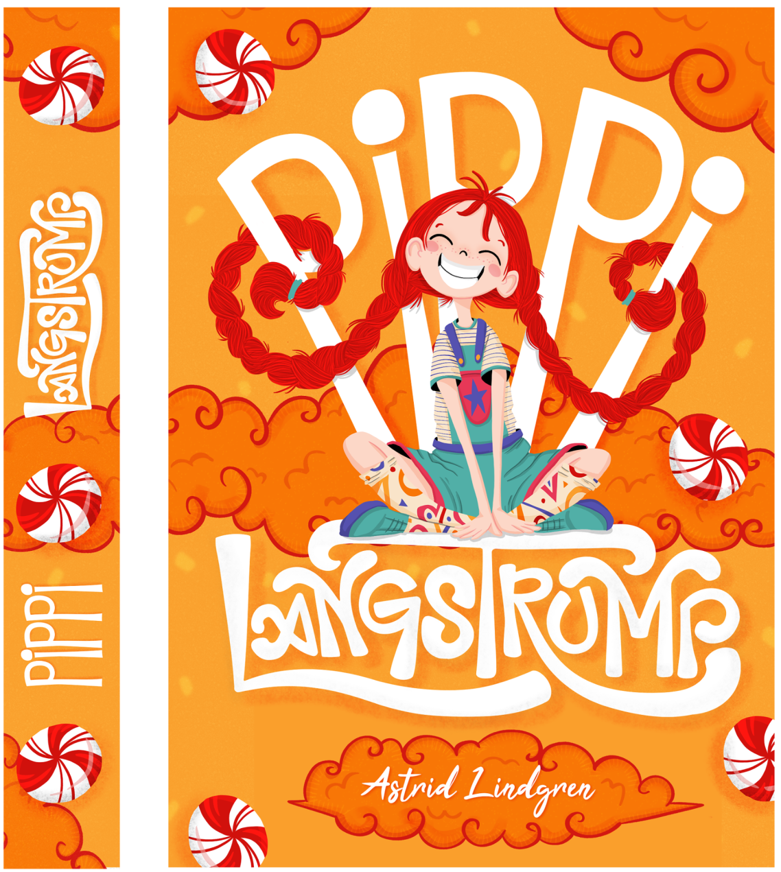 Rediseño portada libro "Pippi langstrump" con ilustración colorida de Pippi sonriendo, mezclando figuras con tipografía de manera creativa