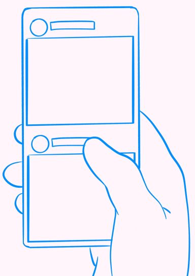 Ilustración lineal de una mano sosteniendo un dispositivo móvil con pantallas vacías.