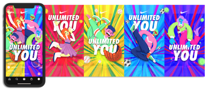Campaña de carteles publicitarios con la frase "unlimited you" y personajes dinámicos. Ilustración, Nike, diseño grafico, reel instagram