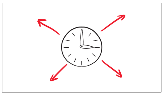 Reloj con flechas rojas en direcciones opuestas, simbolizando movimiento o tiempo.