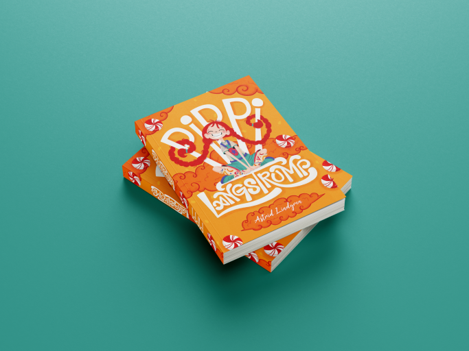 Rediseño portada libro "Pippi langstrump" con ilustración lineal de Pippi sonriendo, mezclando figuras con tipografía de manera creativa