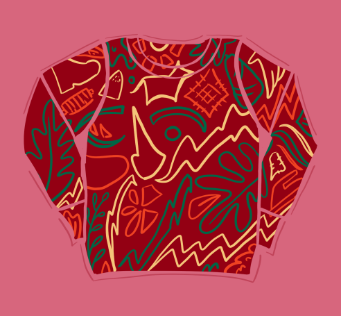Sudadera roja con un diseño abstracto de líneas y formas en colores verde y amarillo.