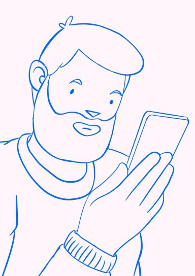 Ilustración lineal de un hombre con barba sosteniendo un teléfono móvil, sonriendo y viendo la pantalla.