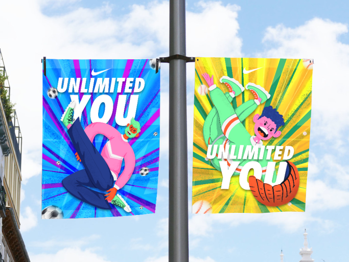 Banderas de Nike con el texto "UNLIMITED YOU" y coloridos personajes deportivos. Campaña publicitaria, ilustración, diseño grafico