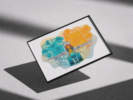 Ilustración colorida de dos figuras humanas rodeadas de formas abstractas.