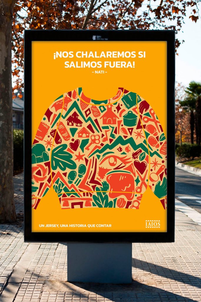 Suéter colorido con patrones verdes y rojos sobre fondo naranja, texto en español. Campaña publicitaria, diseño grafico, ilustración, mupi.