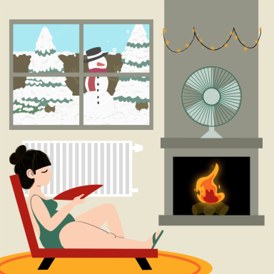 Mujer en bañador relajándose en un sillón junto a una chimenea y una ventana invernal.