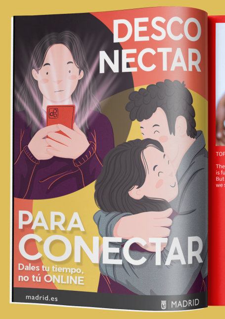 Ilustración de una pareja abrazándose mientras una persona usa el móvil. Texto sobre desconectar. Campaña publicitaria, Diseño grafico