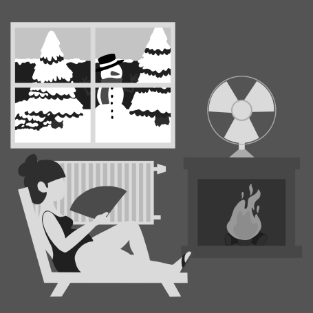 Mujer leyendo en una silla, con un ventanal que muestra un paisaje invernal. Ilustración. animación